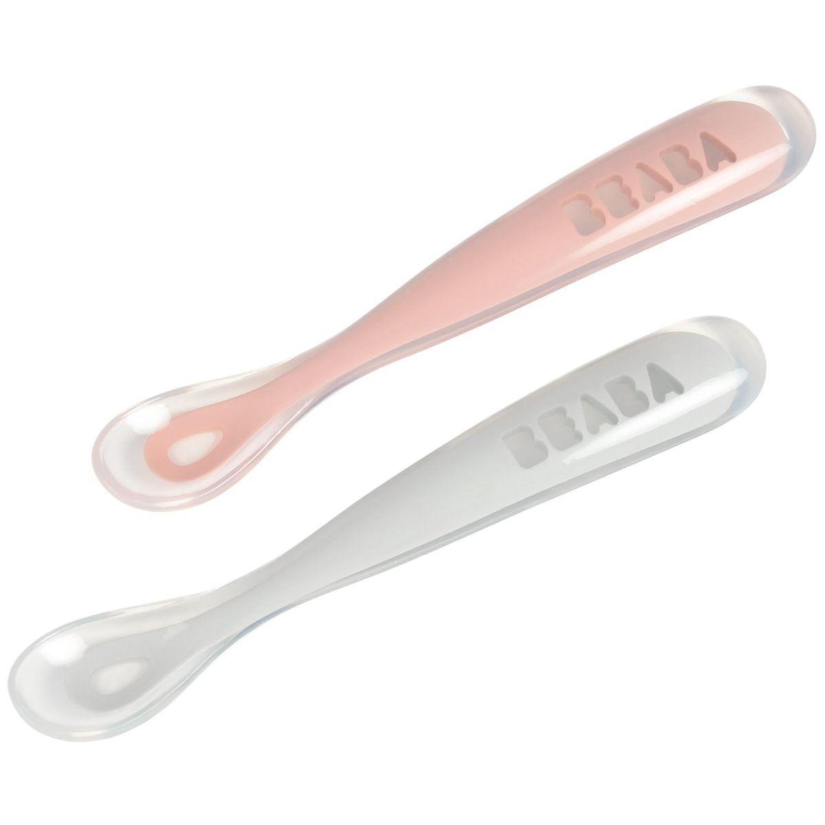 2 cuillères 1er repas silicone Beaba gris-rose