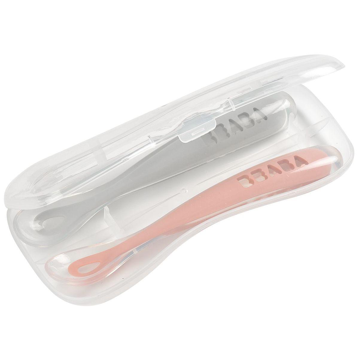2 cuillères 1er repas silicone Beaba gris-rose