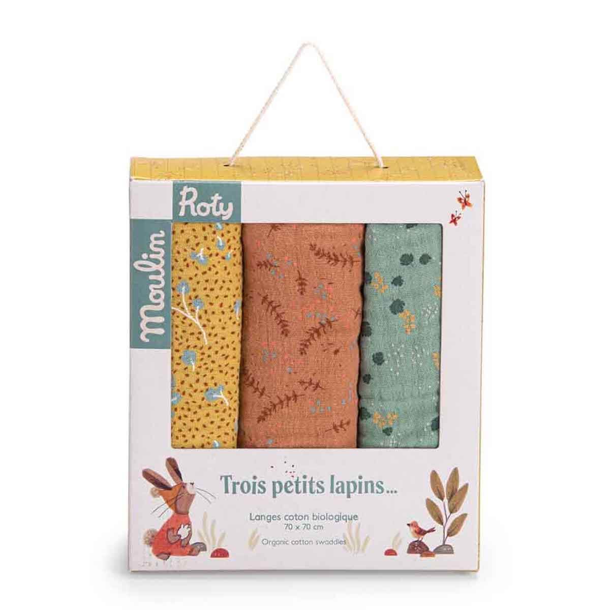 3 langes imprimés TROIS PETITS LAPINS Moulin Roty