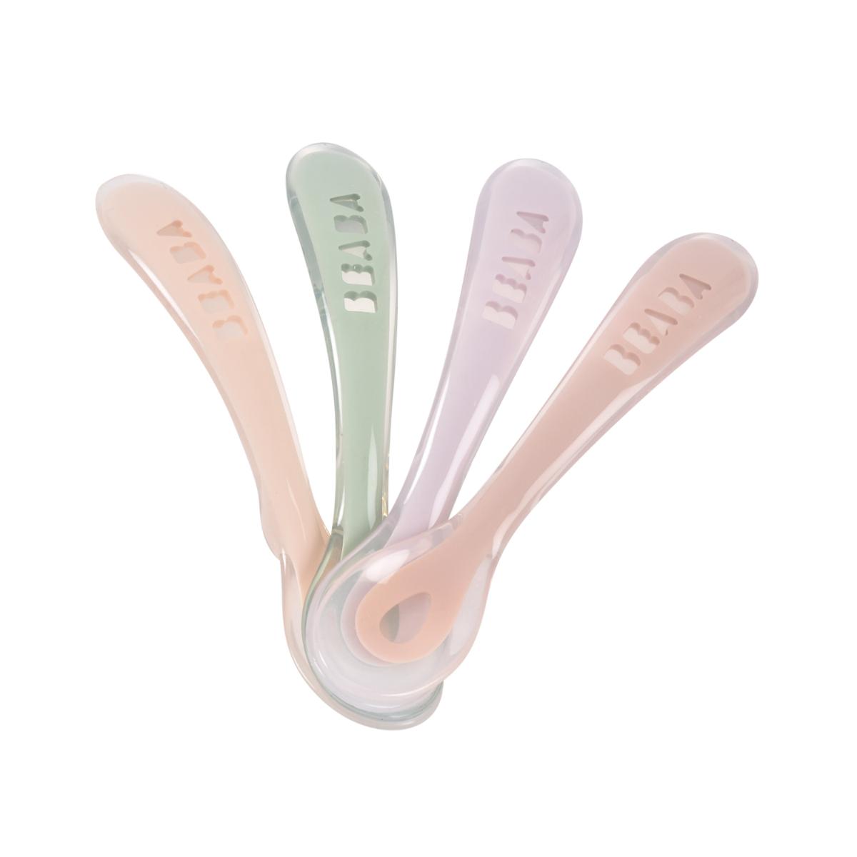 4 cuillères 2ème âge silicone Beaba Barbe à papa-Guimauve-Vert de gris-Lila