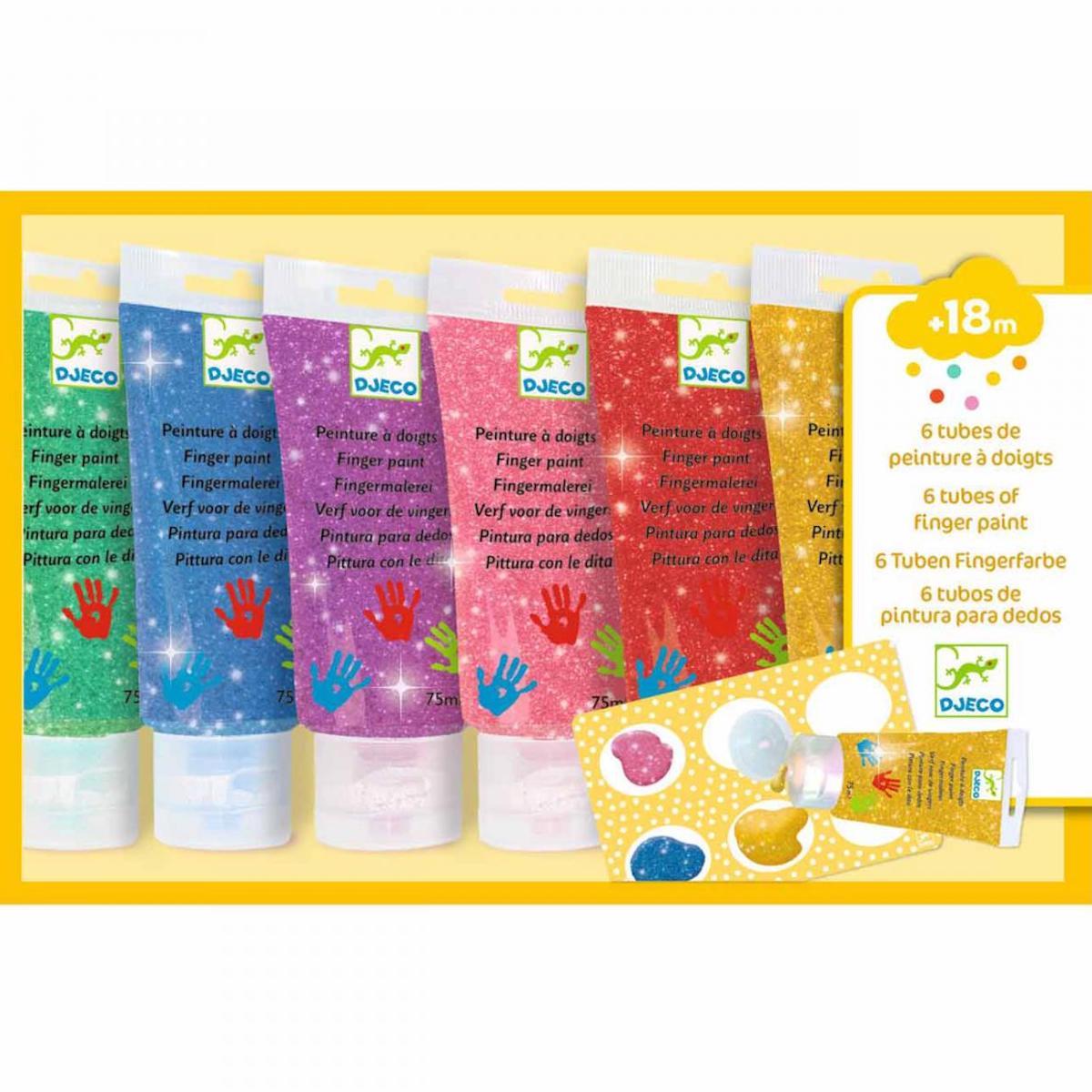6 tubes de peinture à doigts Paillettes LES COULEURS Djeco