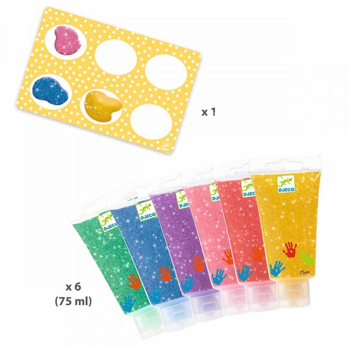 6 tubes de peinture à doigts Paillettes LES COULEURS Djeco