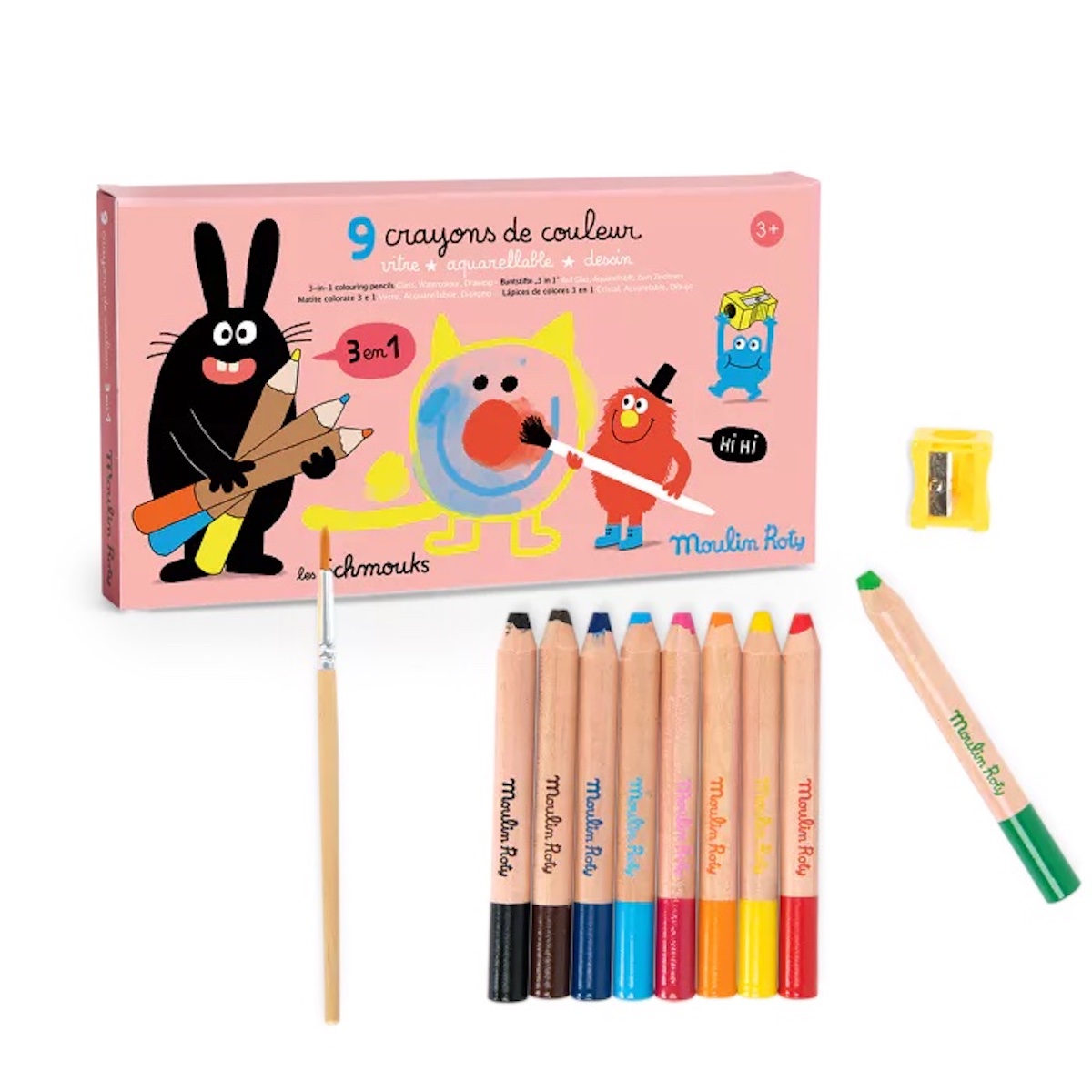 9 crayons de couleur 3 en 1 LES SCHMOUKS Moulin Roty