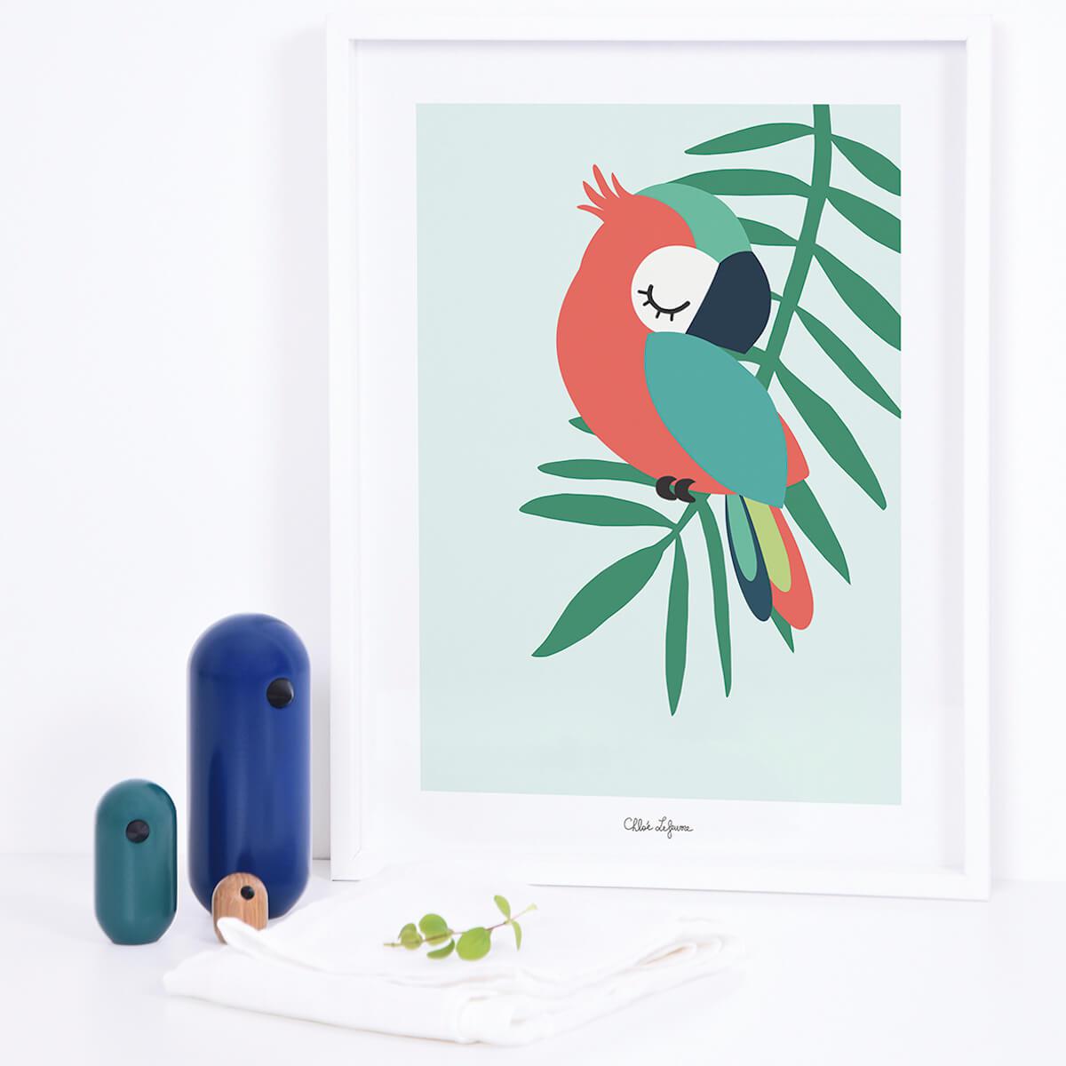 Affiche encadrée Tropica Perroquet Vert Lilipinso