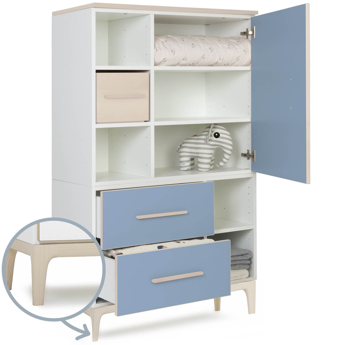 Armoire 147 cm 1 porte 2 tiroirs NADO Curve finition frêne capri blue