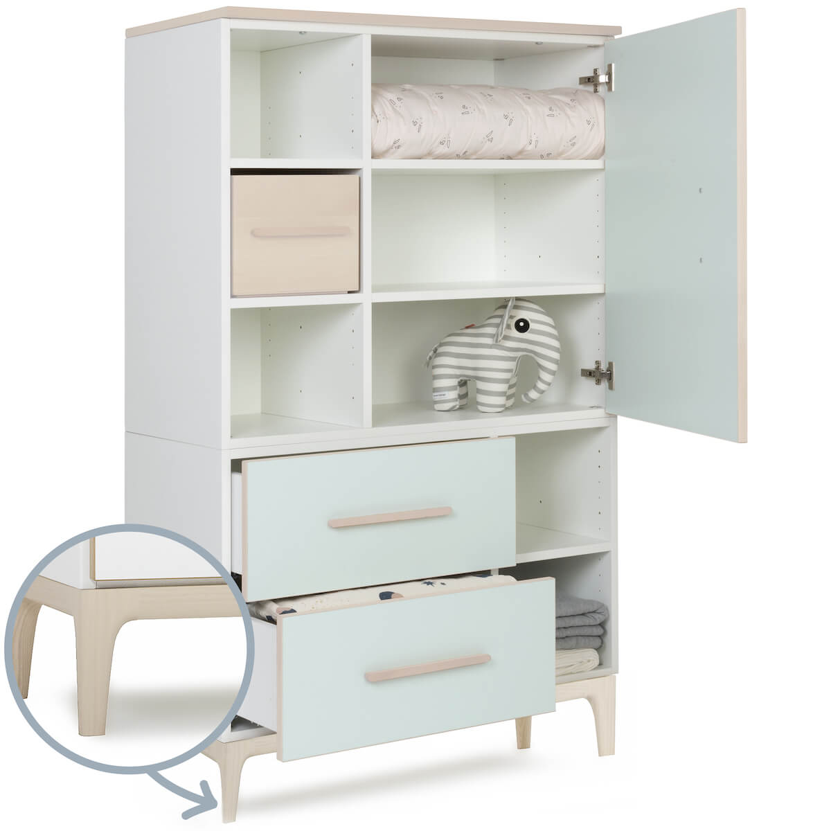 Armoire 147 cm 1 porte 2 tiroirs NADO Curve finition frêne mint
