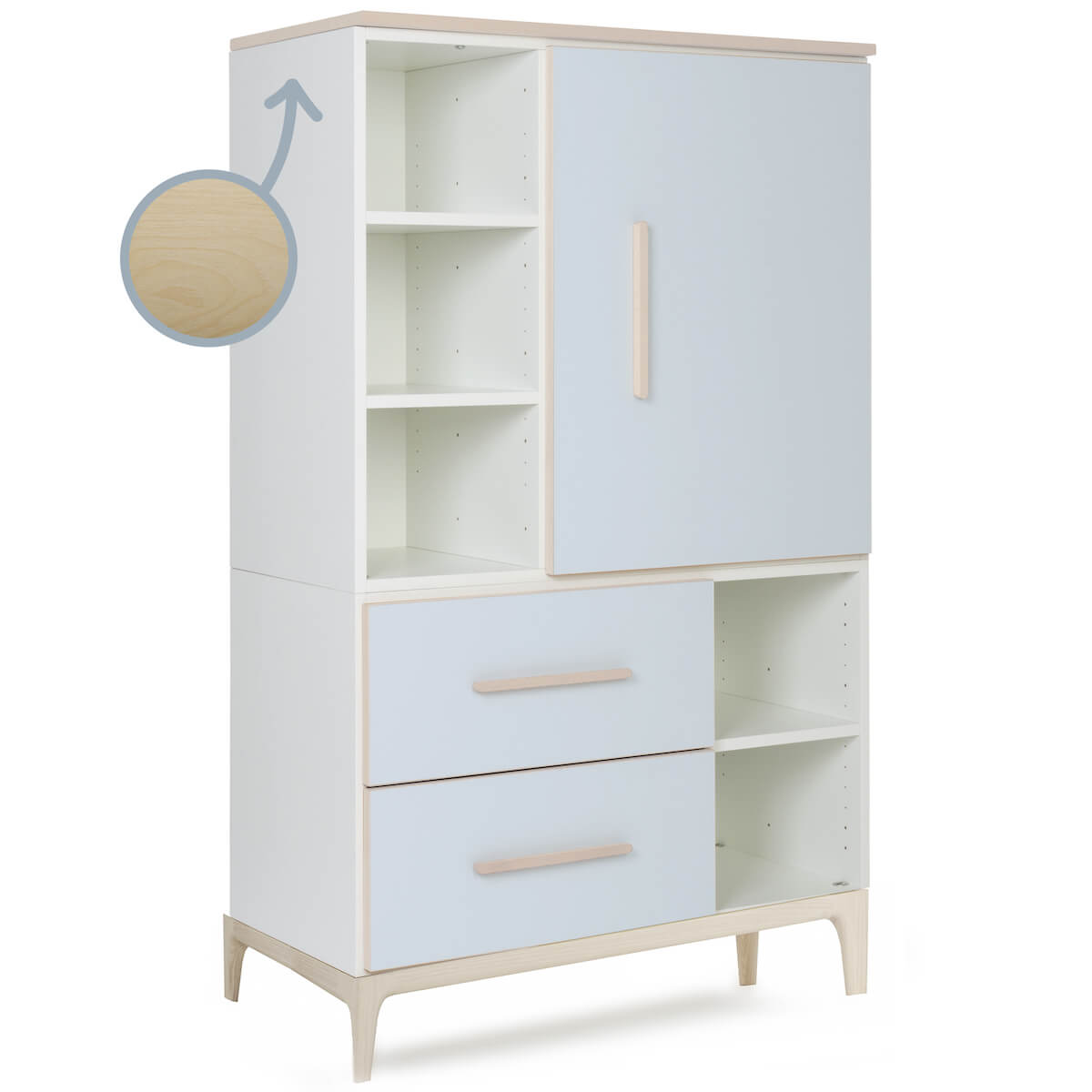 Armoire 147 cm 1 porte 2 tiroirs NADO Curve finition frêne sky blue
