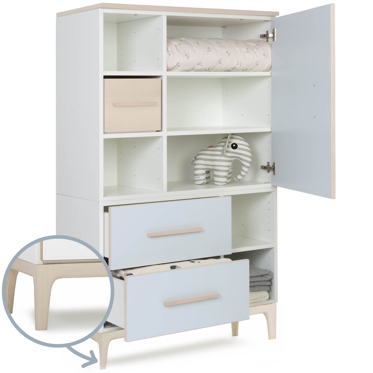 Armoire 147 cm 1 porte 2 tiroirs NADO Curve finition frêne sky blue