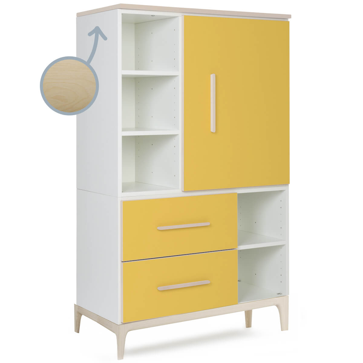 Armoire 147 cm 1 porte 2 tiroirs NADO Curve finition frêne sunshine yellow