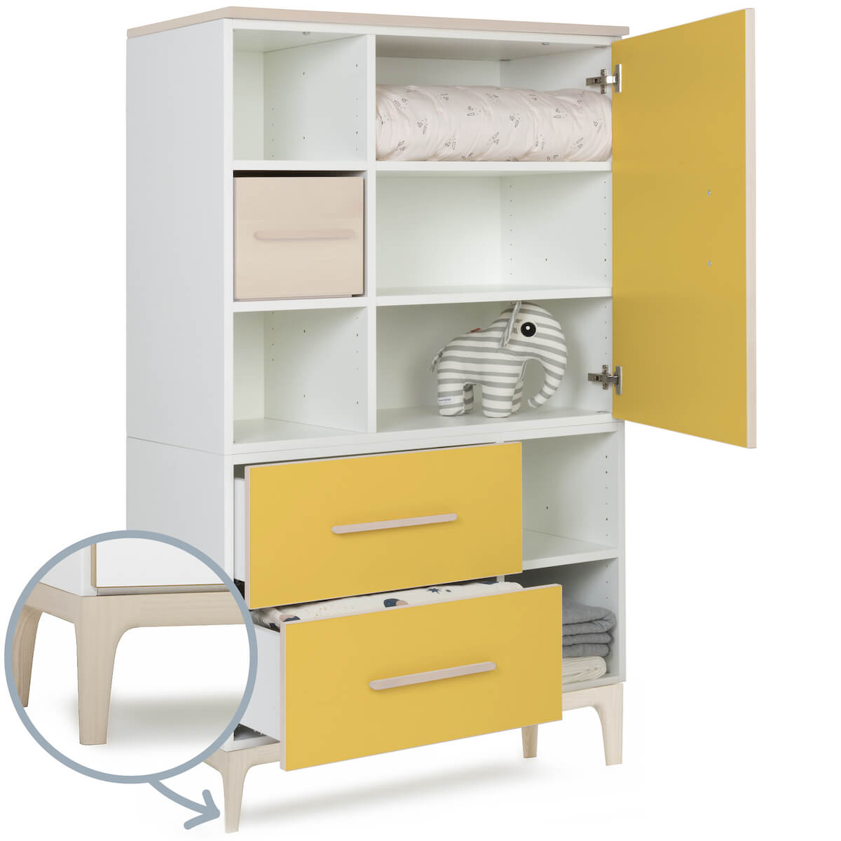 Armoire 147 cm 1 porte 2 tiroirs NADO Curve finition frêne sunshine yellow
