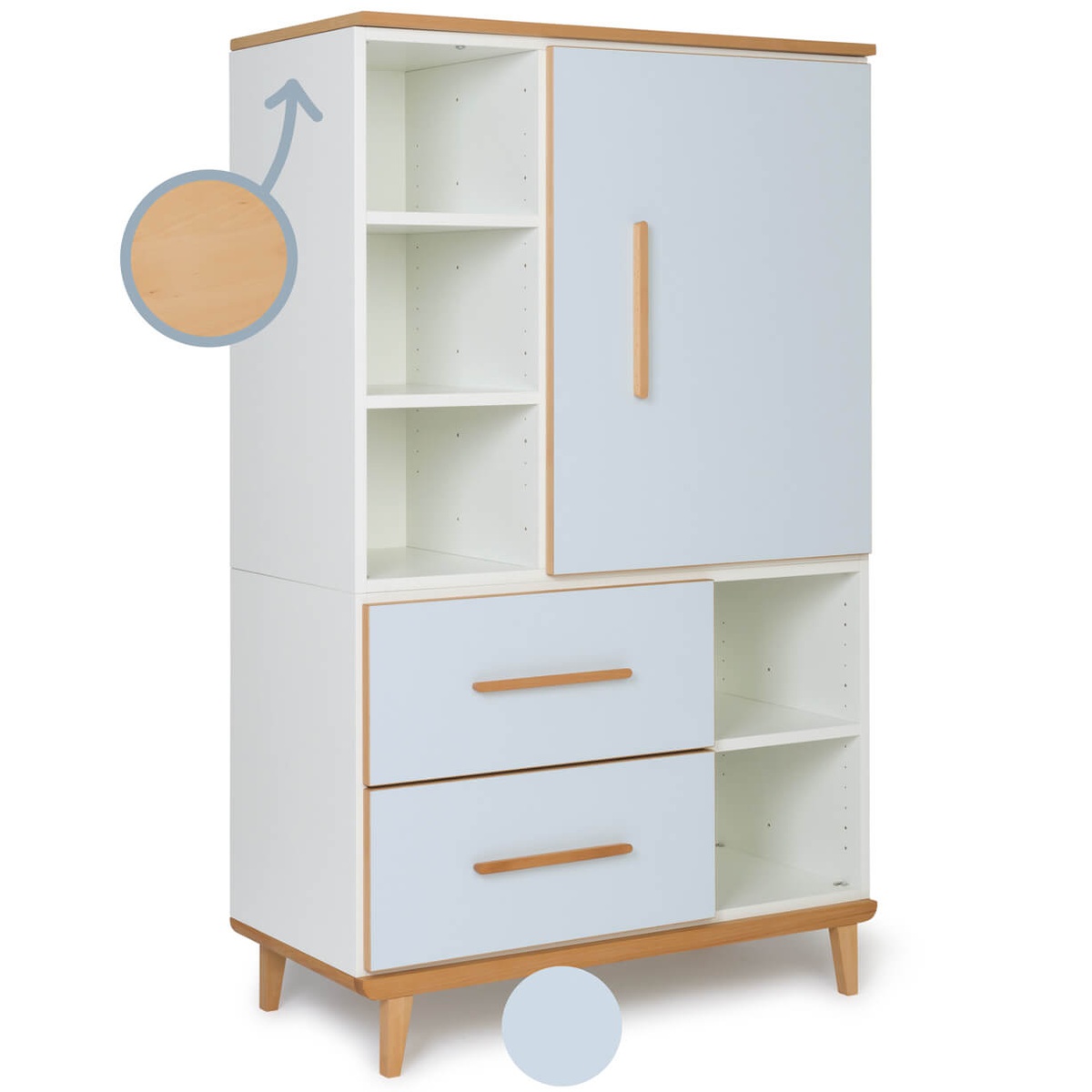 Armoire 147 cm 1 porte 2 tiroirs NADO Retro finition hêtre sky blue