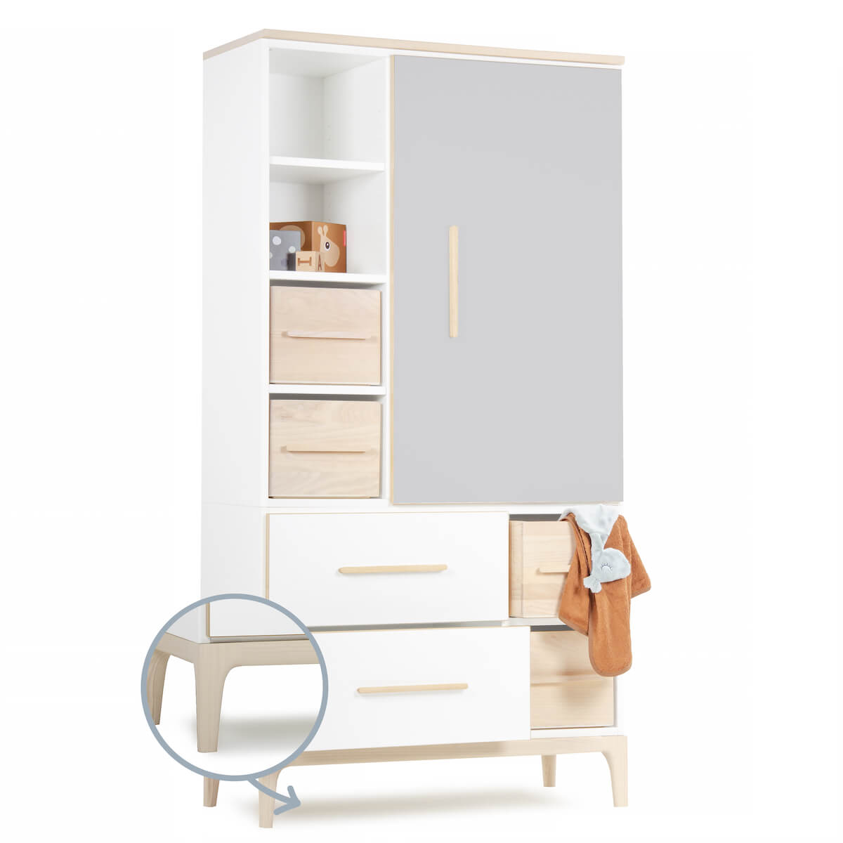 Armoire 173 cm 1 porte 2 tiroirs NADO Curve finition frêne manhattan grey-white
