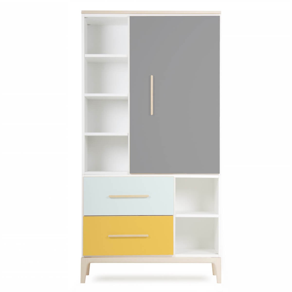Armoire 173 cm 1 porte 2 tiroirs NADO Curve finition frêne slate grey-mint-sunshine yellow
