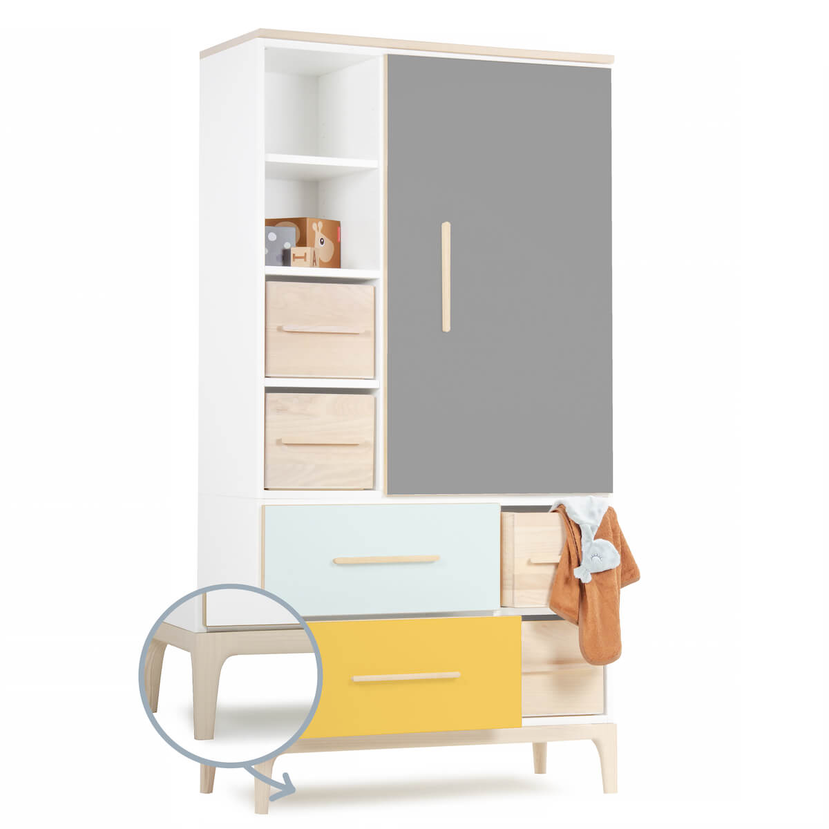 Armoire 173 cm 1 porte 2 tiroirs NADO Curve finition frêne slate grey-mint-sunshine yellow
