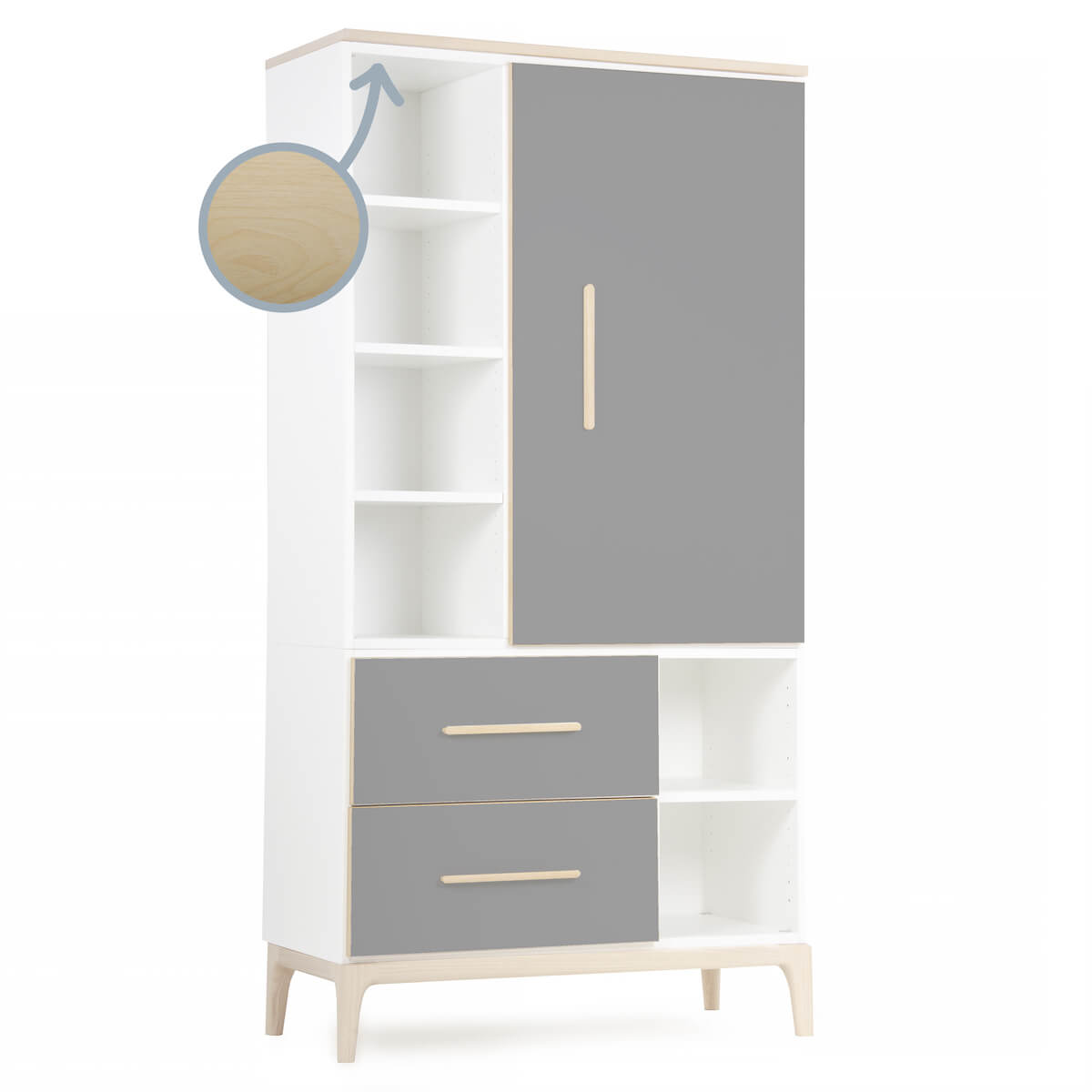 Armoire 173 cm 1 porte 2 tiroirs NADO Curve finition frêne slate grey