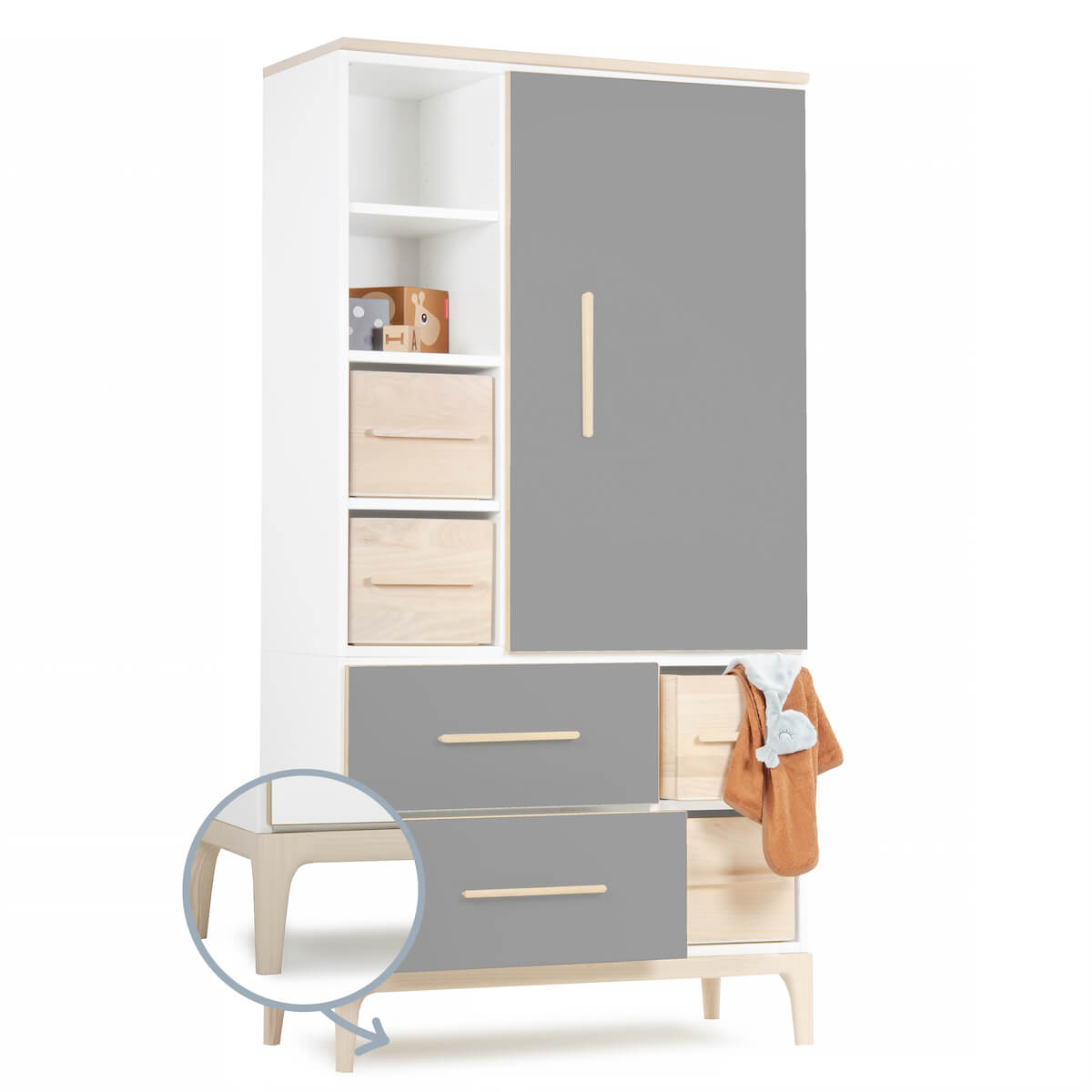 Armoire 173 cm 1 porte 2 tiroirs NADO Curve finition frêne slate grey