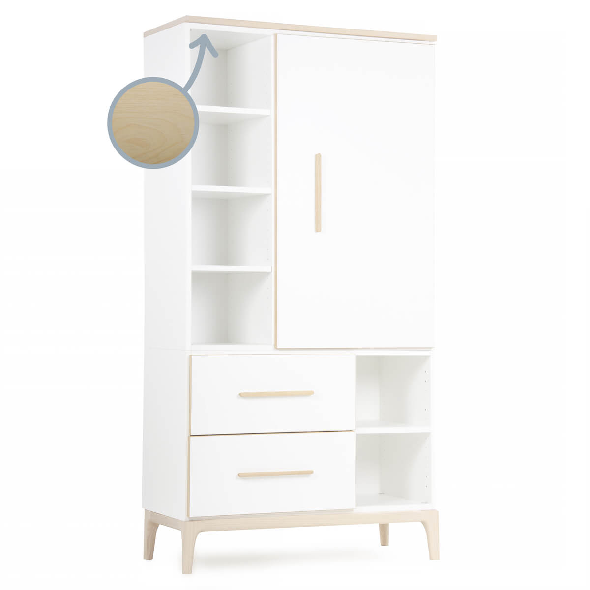Armoire 173 cm 1 porte 2 tiroirs NADO Curve finition frêne white