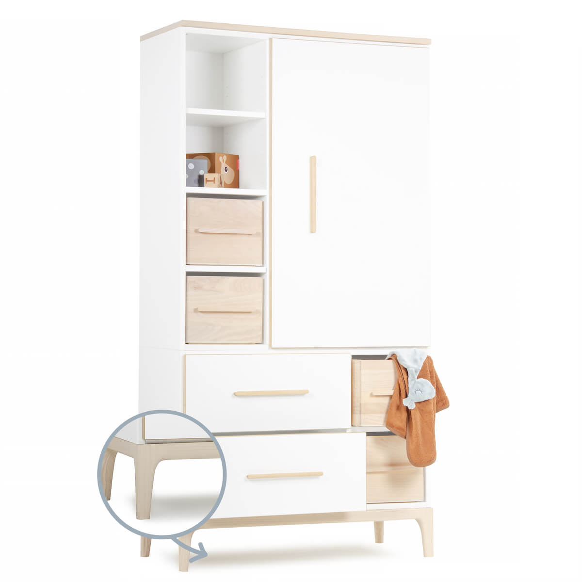 Armoire 173 cm 1 porte 2 tiroirs NADO Curve finition frêne white