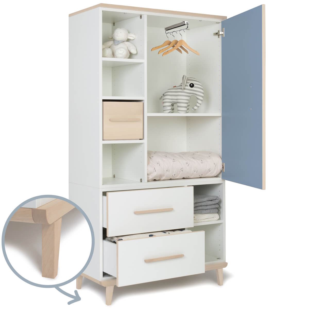 Armoire 173 cm 1 porte 2 tiroirs NADO Retro finition frêne capri blue-white