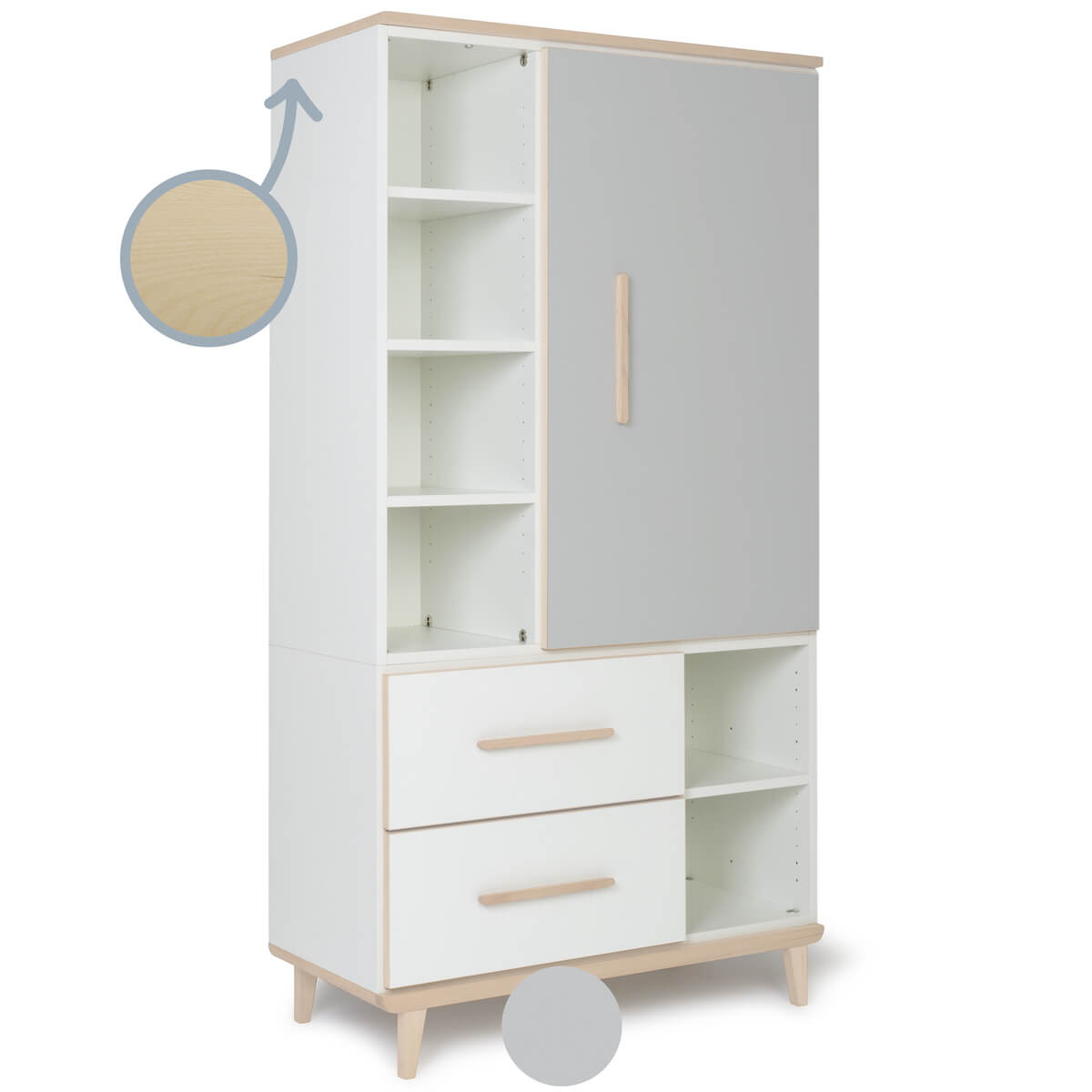 Armoire 173 cm 1 porte 2 tiroirs NADO Retro finition frêne manhattan grey-white