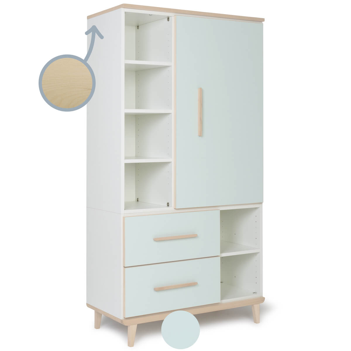Armoire 173 cm 1 porte 2 tiroirs NADO Retro finition frêne mint