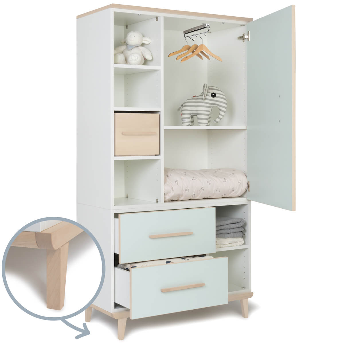 Armoire 173 cm 1 porte 2 tiroirs NADO Retro finition frêne mint