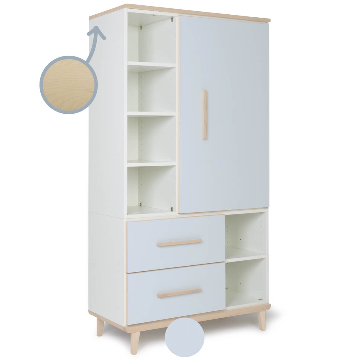 Armoire 173 cm 1 porte 2 tiroirs NADO Retro finition frêne sky blue