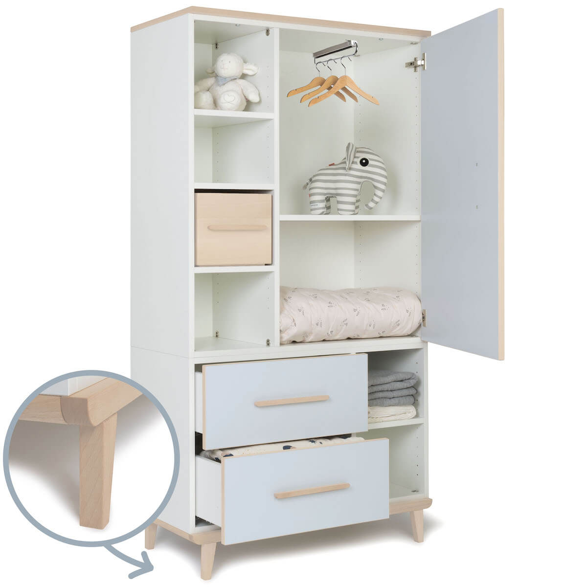 Armoire 173 cm 1 porte 2 tiroirs NADO Retro finition frêne sky blue