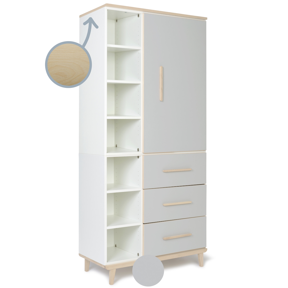 Armoire 198 cm 1 porte 3 tiroirs NADO Retro finition frêne manhattan grey