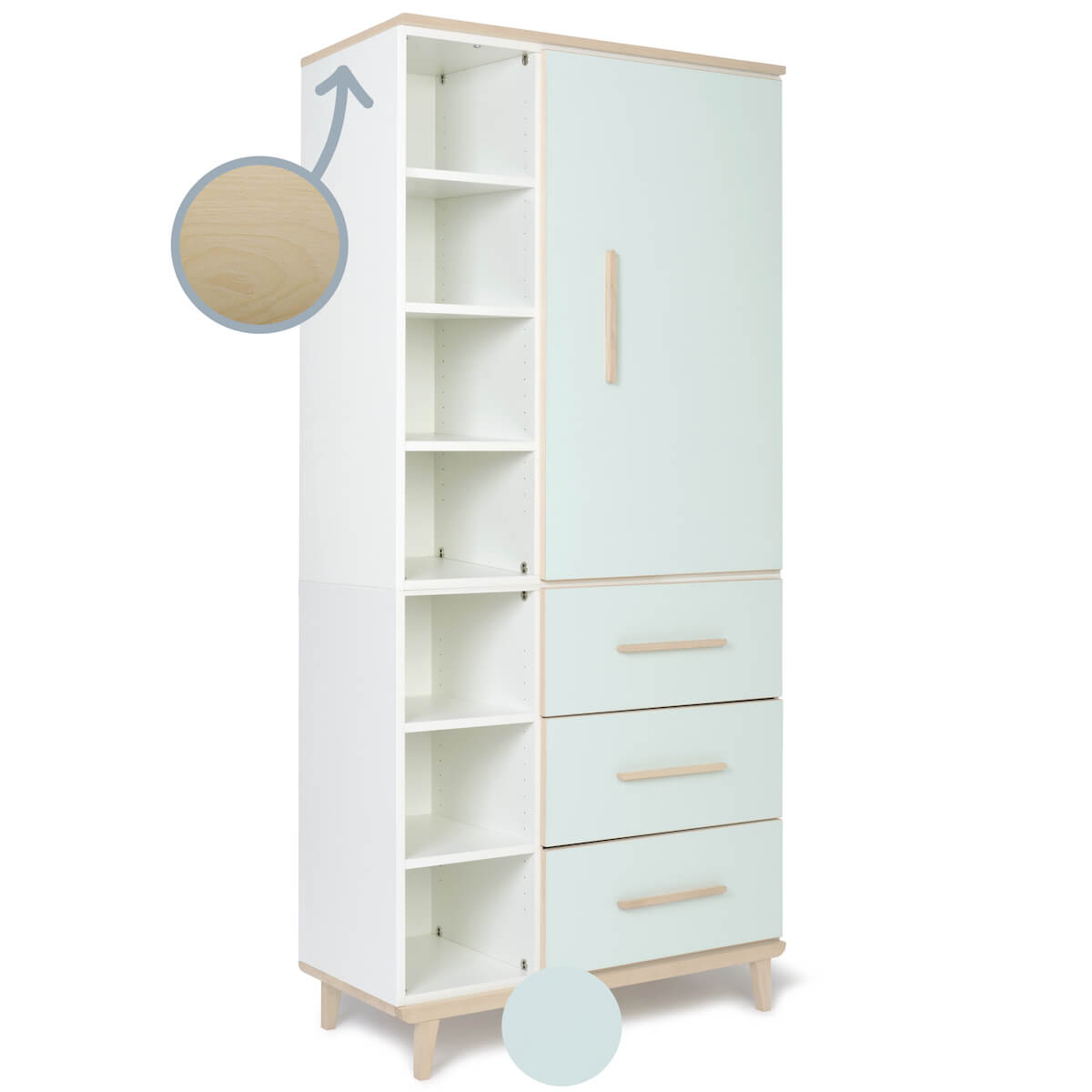 Armoire 198 cm 1 porte 3 tiroirs NADO Retro finition frêne mint