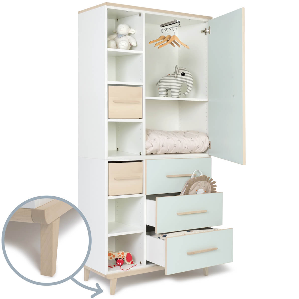Armoire 198 cm 1 porte 3 tiroirs NADO Retro finition frêne mint