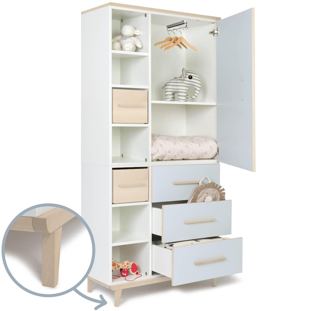 Armoire 198 cm 1 porte 3 tiroirs NADO Retro finition frêne sky blue