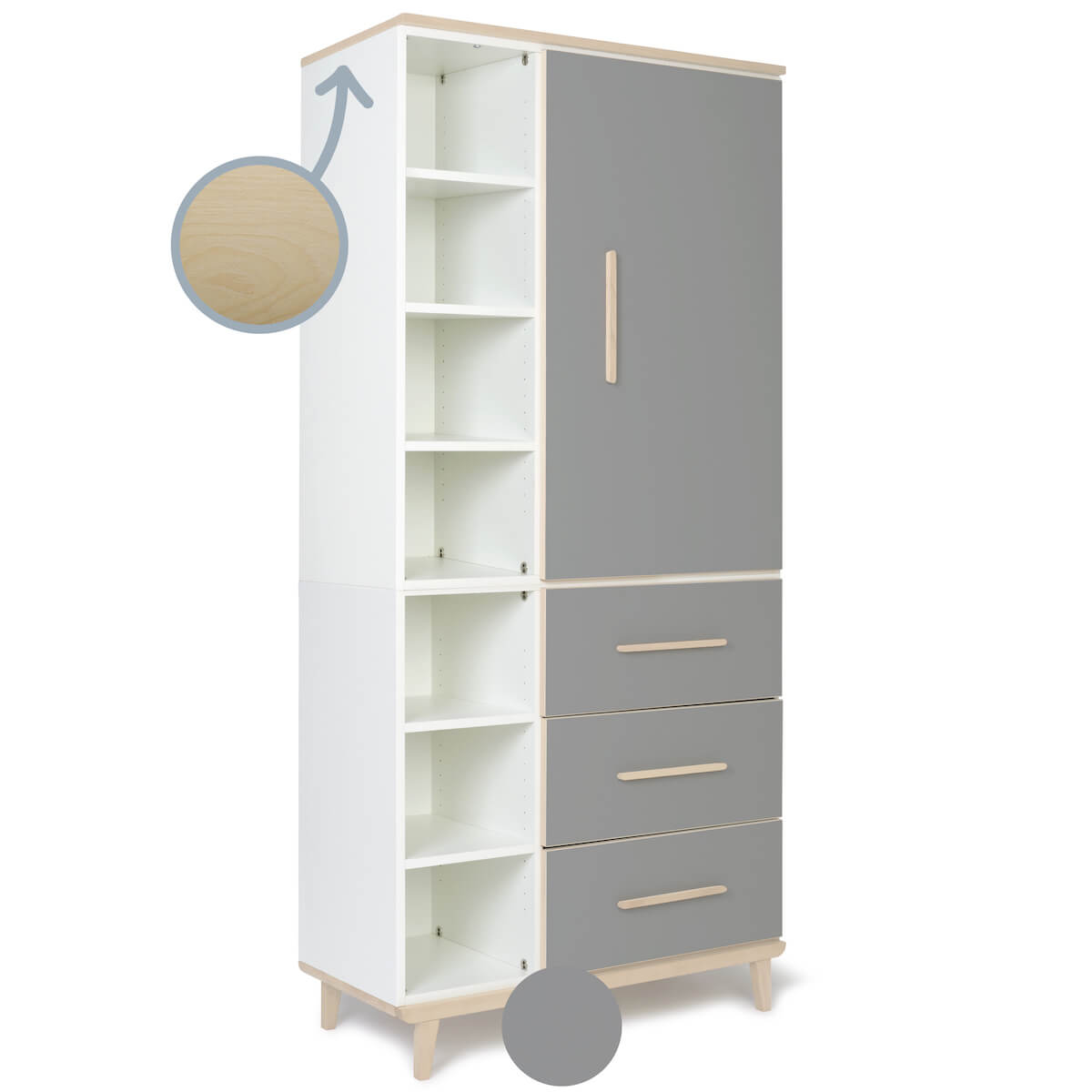 Armoire 198 cm 1 porte 3 tiroirs NADO Retro finition frêne slate grey