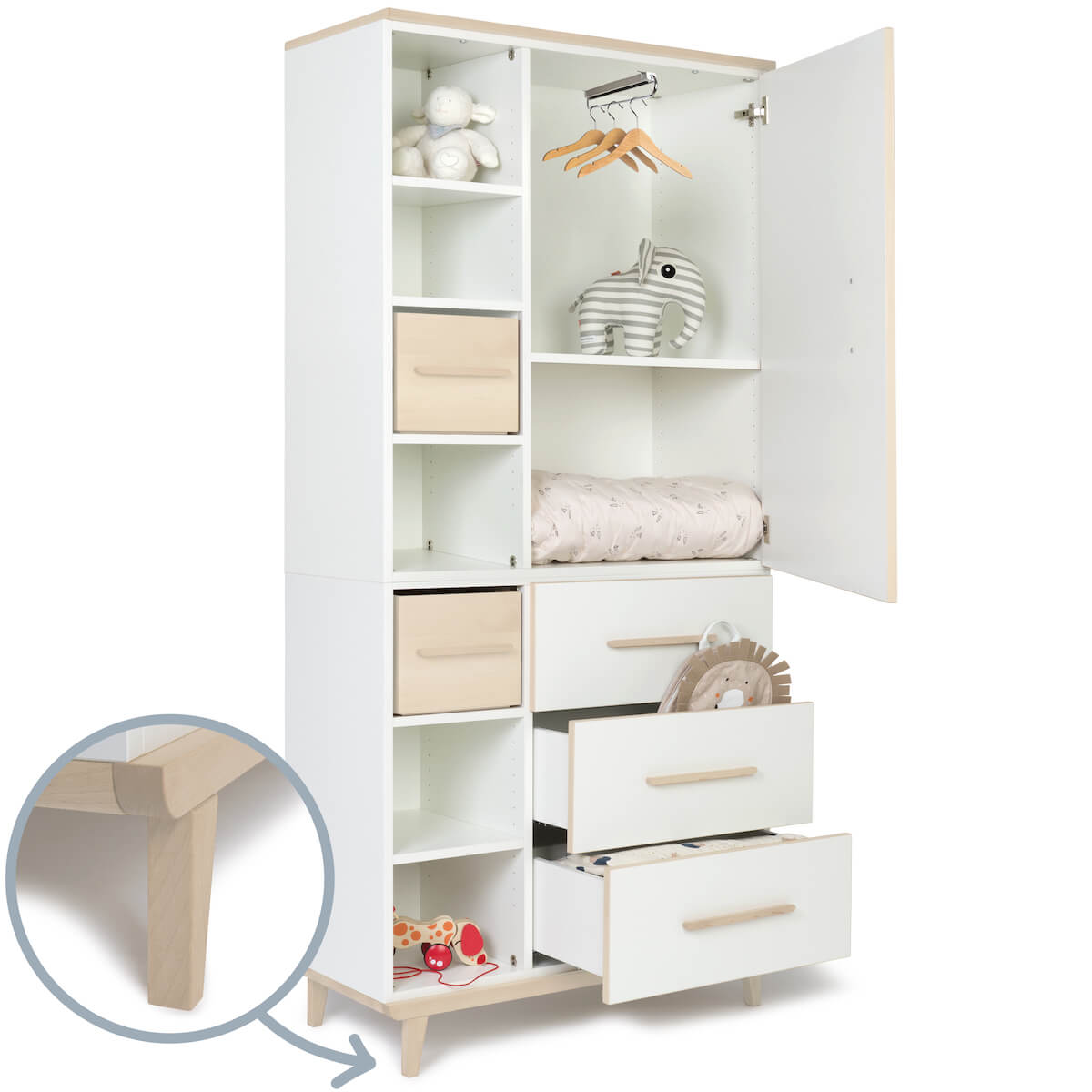Armoire 198 cm 1 porte 3 tiroirs NADO Retro finition frêne white
