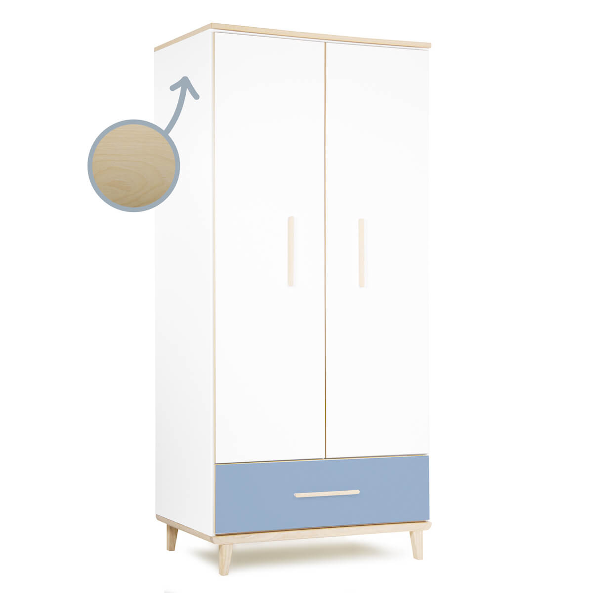 Armoire 2 portes 1 tiroir NADO Retro finition frêne white-capri blue
