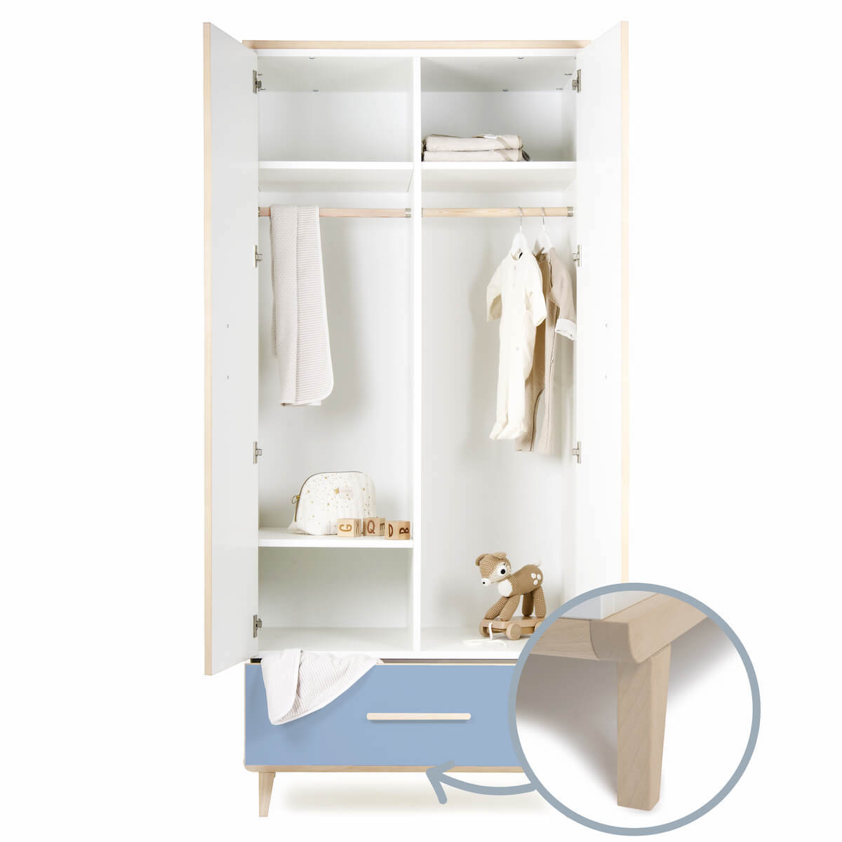 Armoire 2 portes 1 tiroir NADO Retro finition frêne white-capri blue