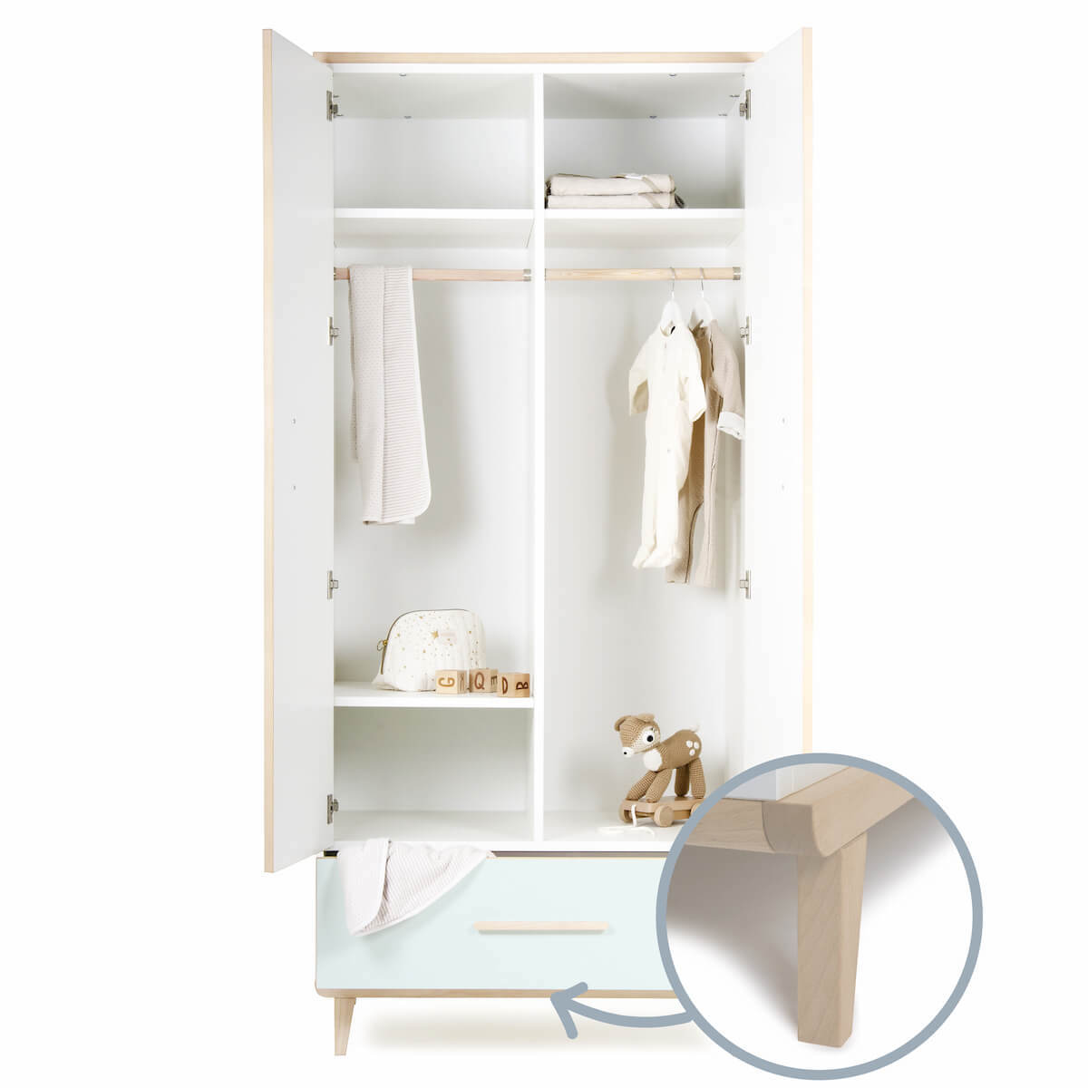 Armoire 2 portes 1 tiroir NADO Retro finition frêne white-mint