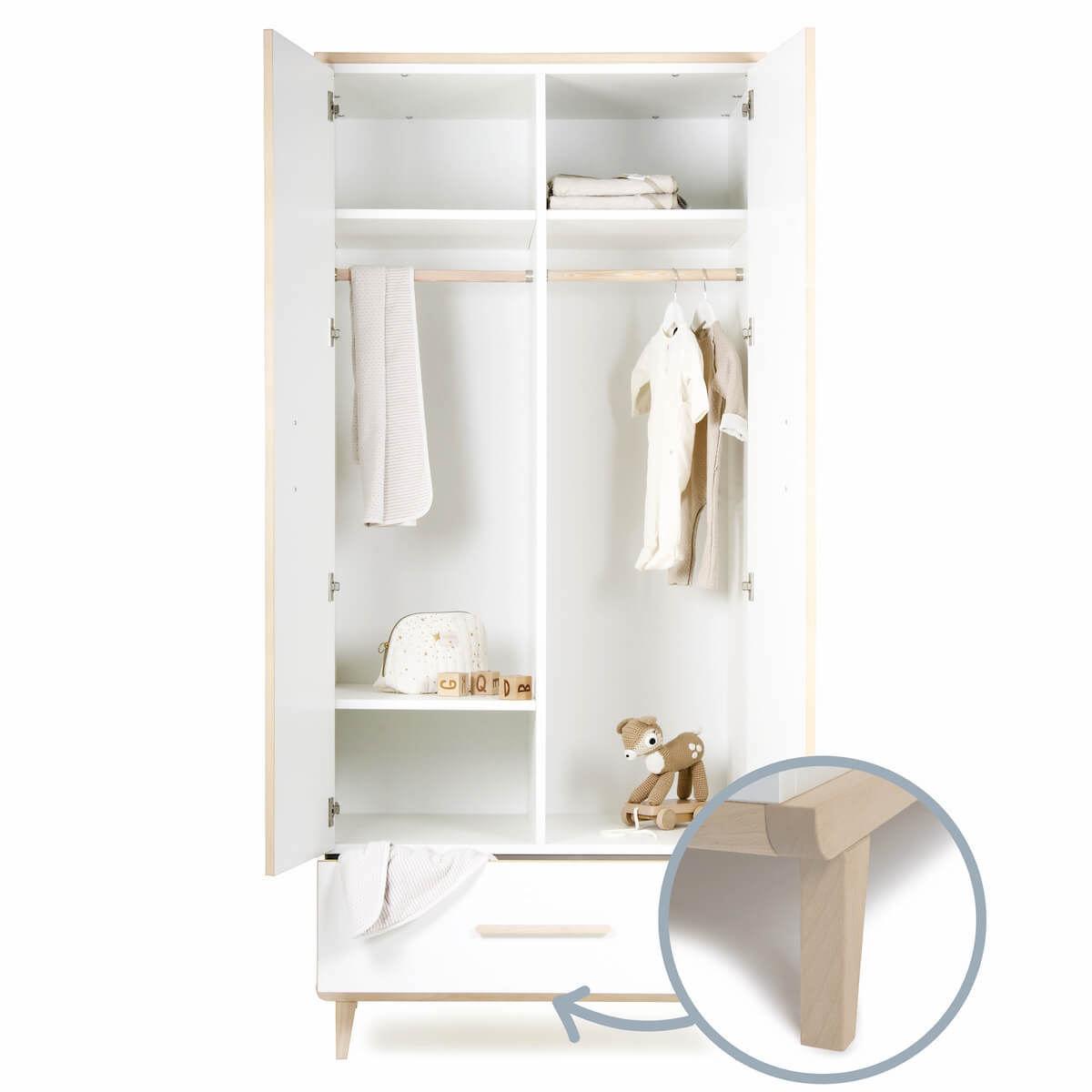 Armoire 2 portes 1 tiroir NADO Retro finition frêne white-white