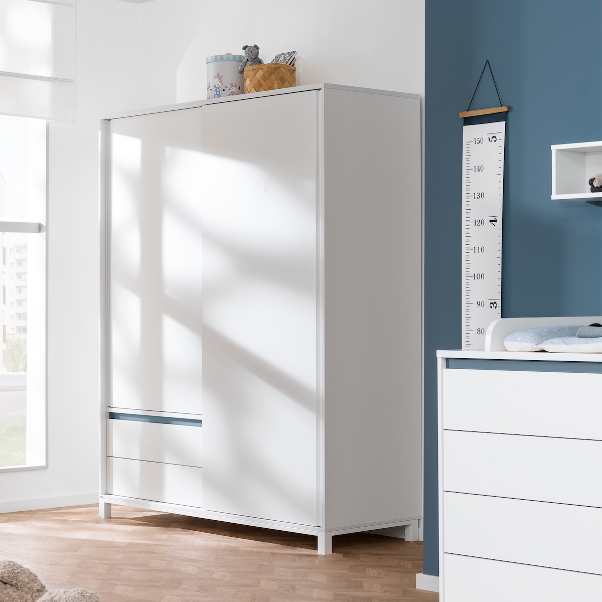 Armoire 2 portes coulissantes 2 tiroirs OLLI Paidi blanc bleu