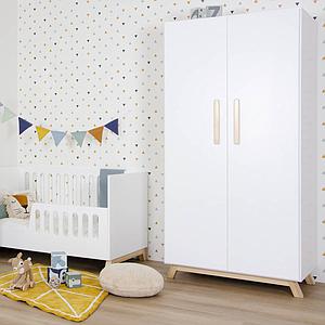 Armoire 2 portes SARA Basiak MDF blanc et hêtre huilé