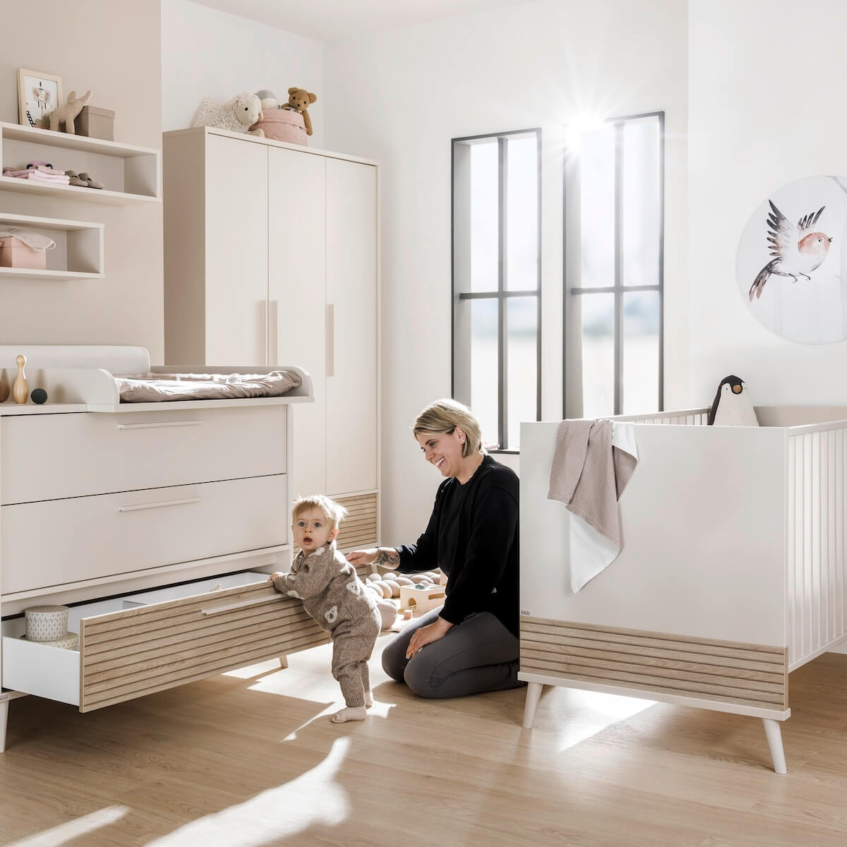Armoire 3 portes 1 tiroir EEFJE Paidi Beige cashmere-chêne