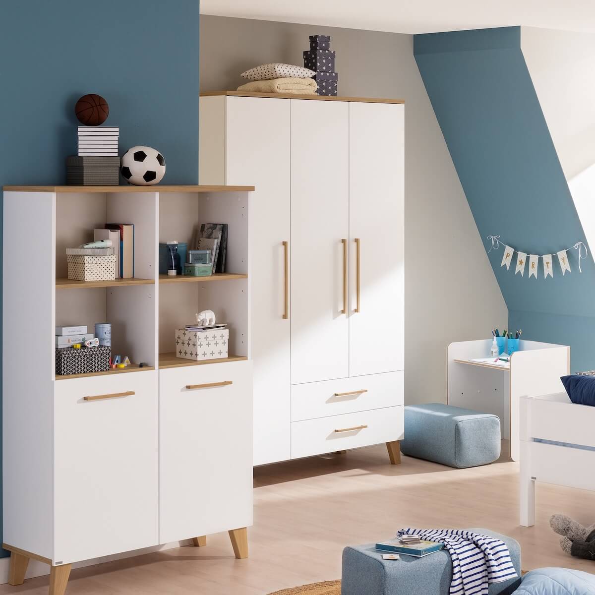 Armoire 3 portes miroir gauche + 2 tiroirs OSCAR Paidi Chêne Nebraska-blanc