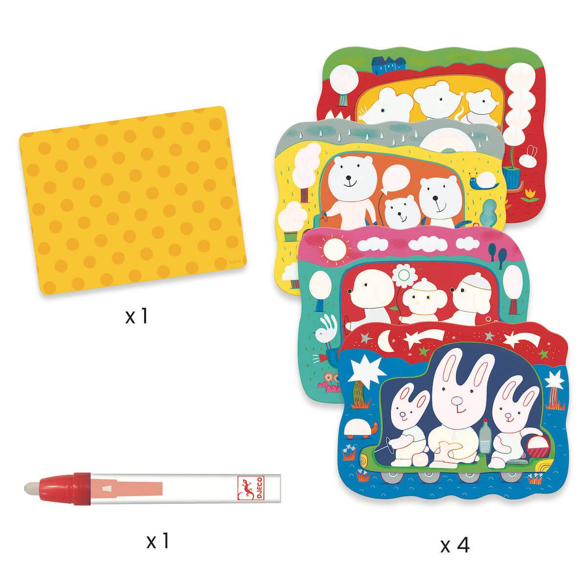 Atelier coloriage Caché en route LES PETITS CADEAUX Djeco