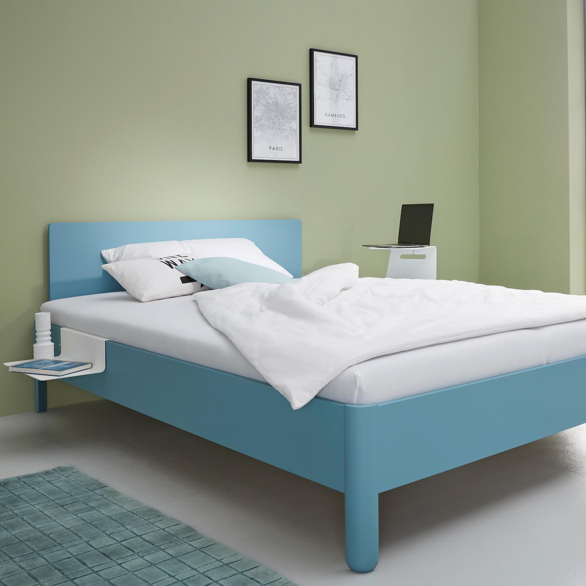 Bett NAIT mit Kopfteil  Silbertannenblau