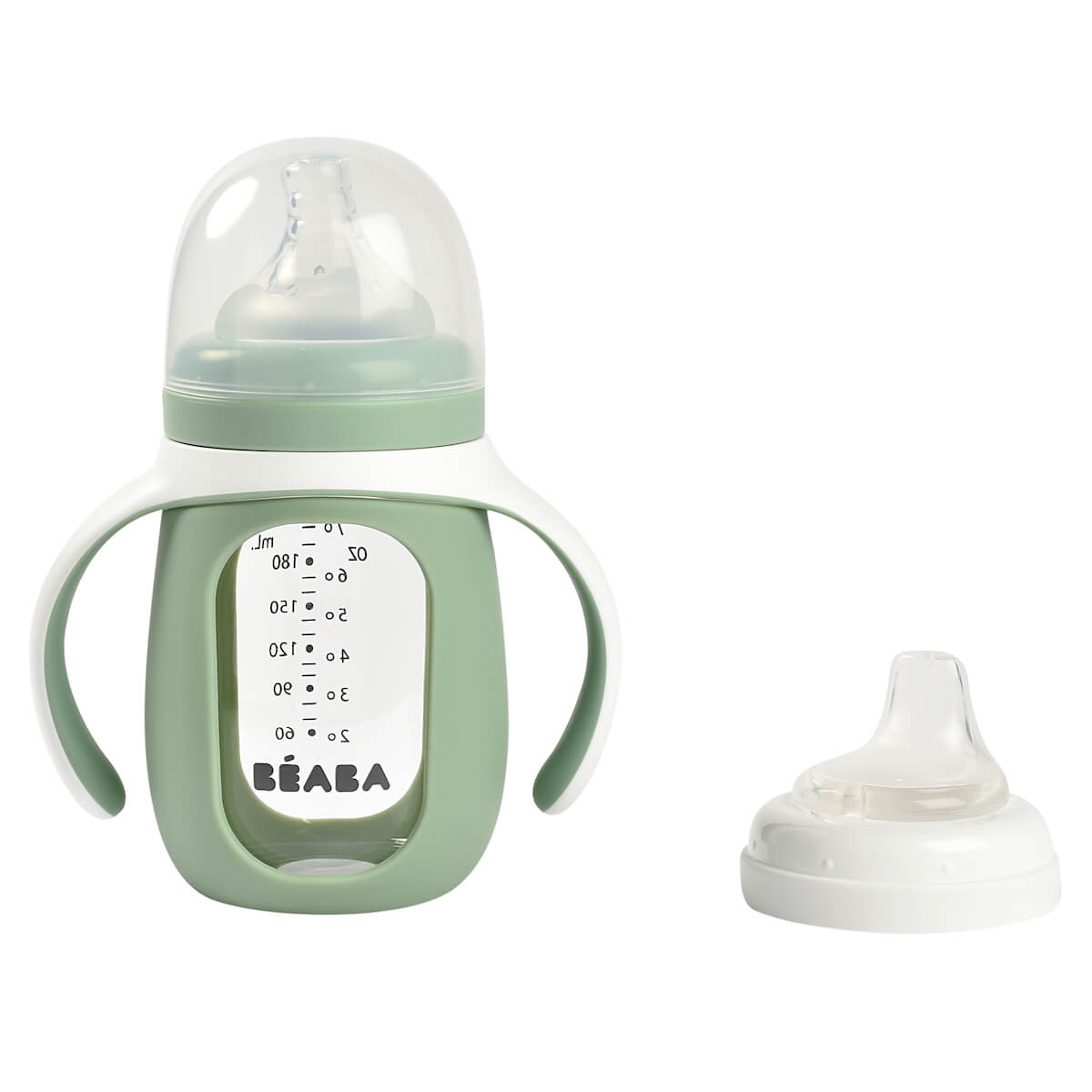 Biberon d'apprentissage en verre 2en1 Beaba vert sauge