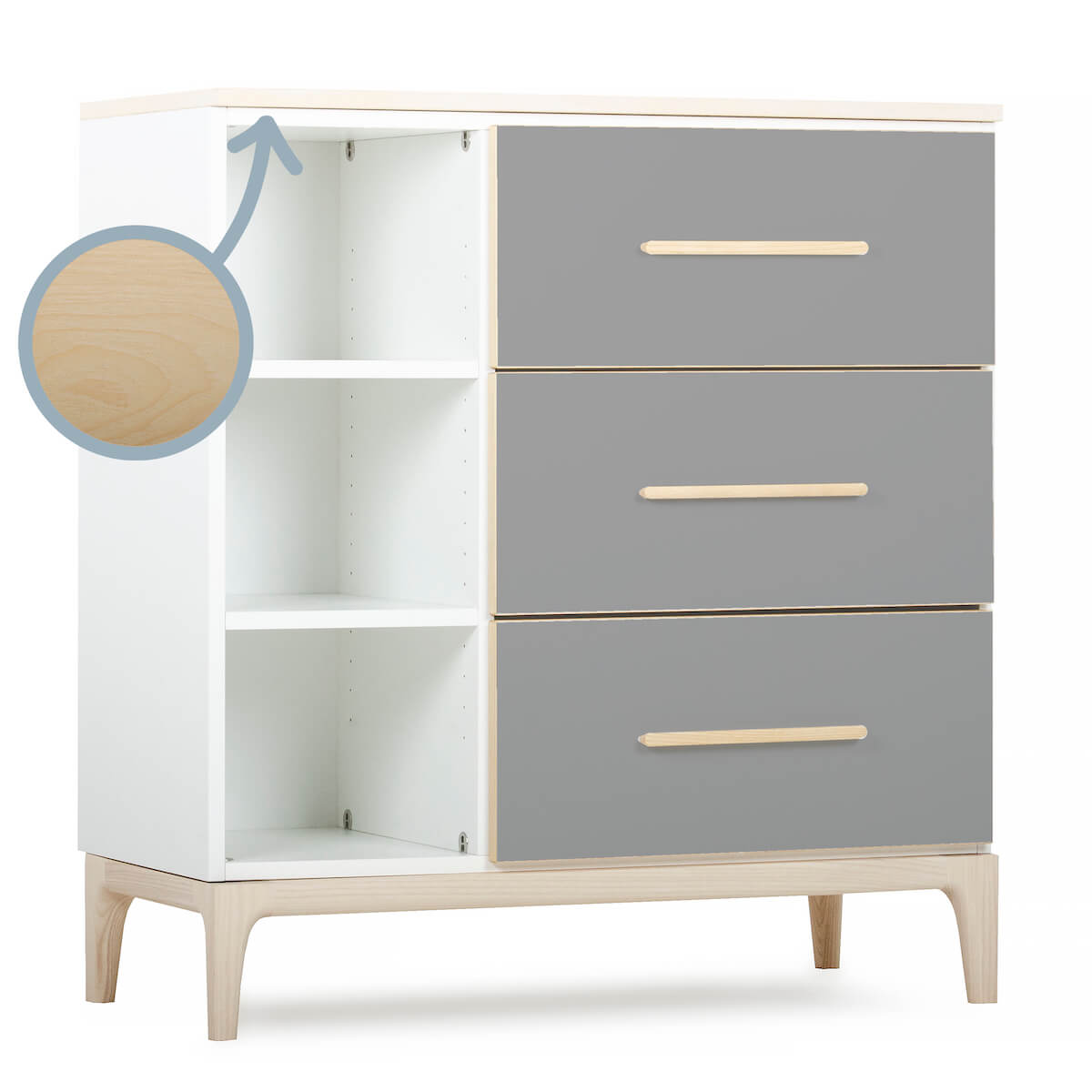Commode 3 tiroirs 3 niches NADO Curve finition frêne slate grey