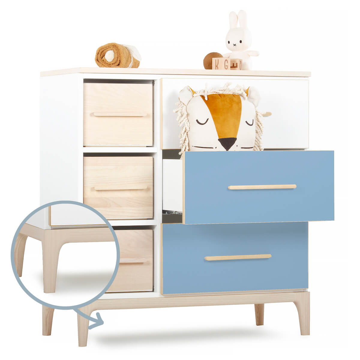 Commode 3 tiroirs 3 niches NADO Curve finition frêne white-capri blue