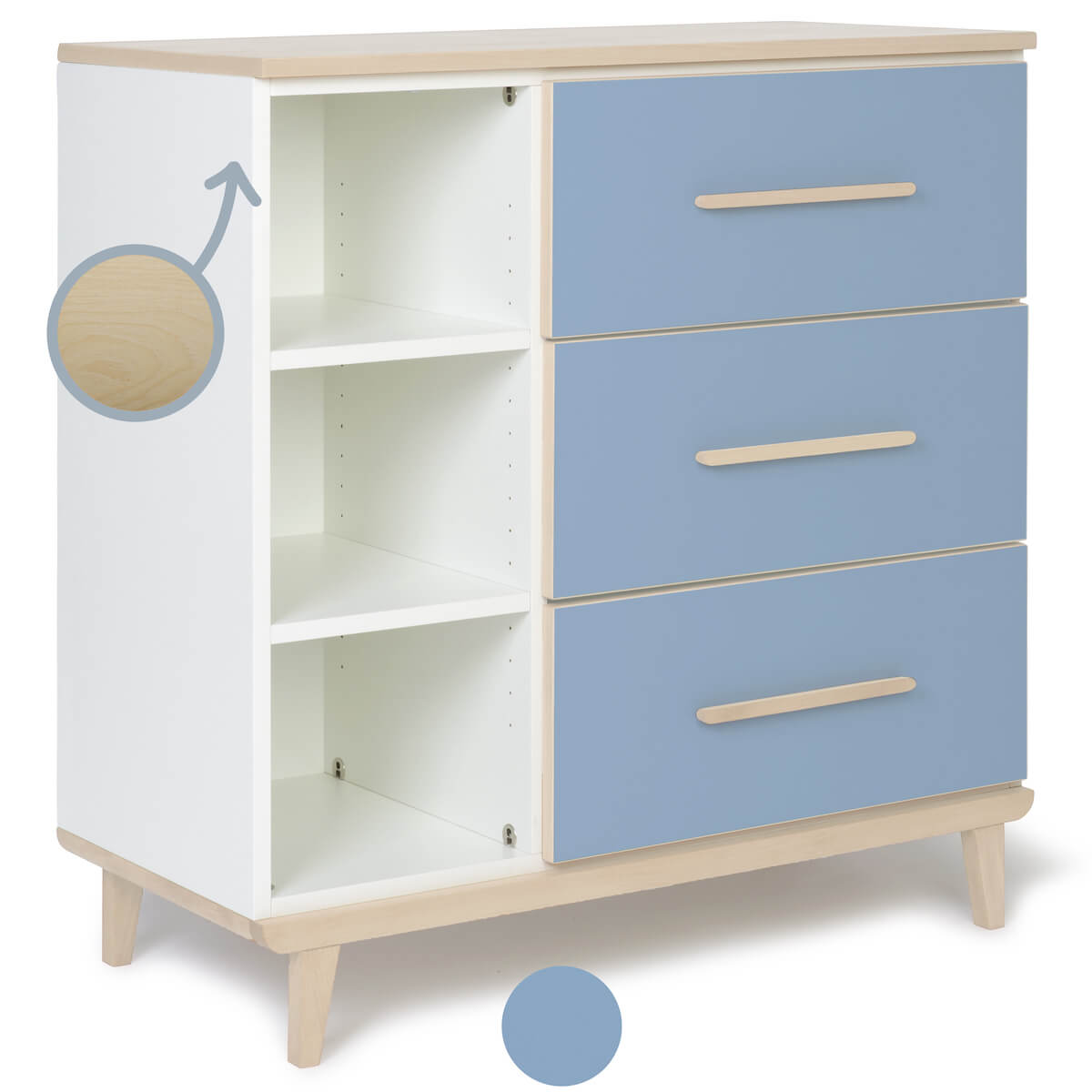 Commode 3 tiroirs 3 niches NADO Retro finition frêne capri blue