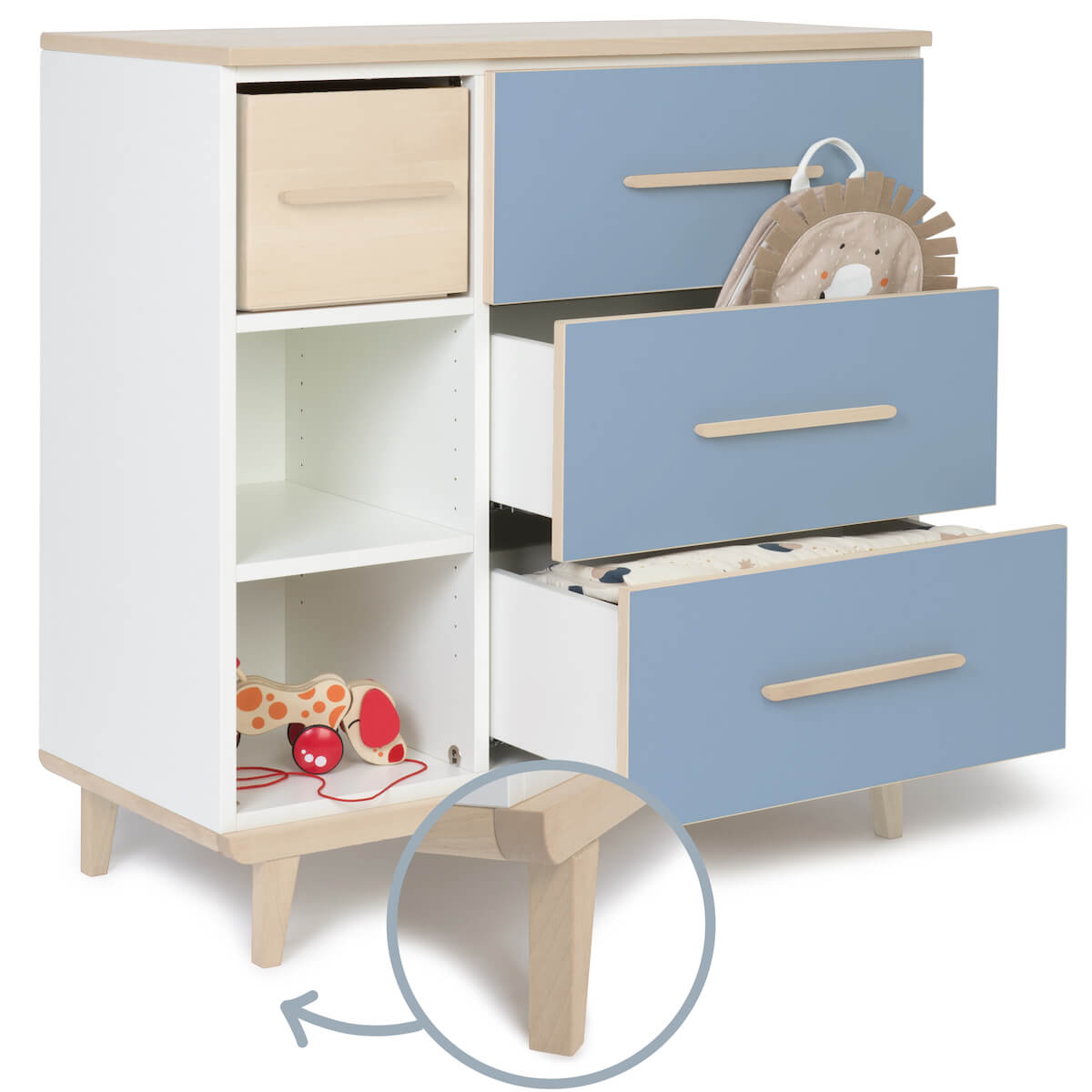Commode 3 tiroirs 3 niches NADO Retro finition frêne capri blue