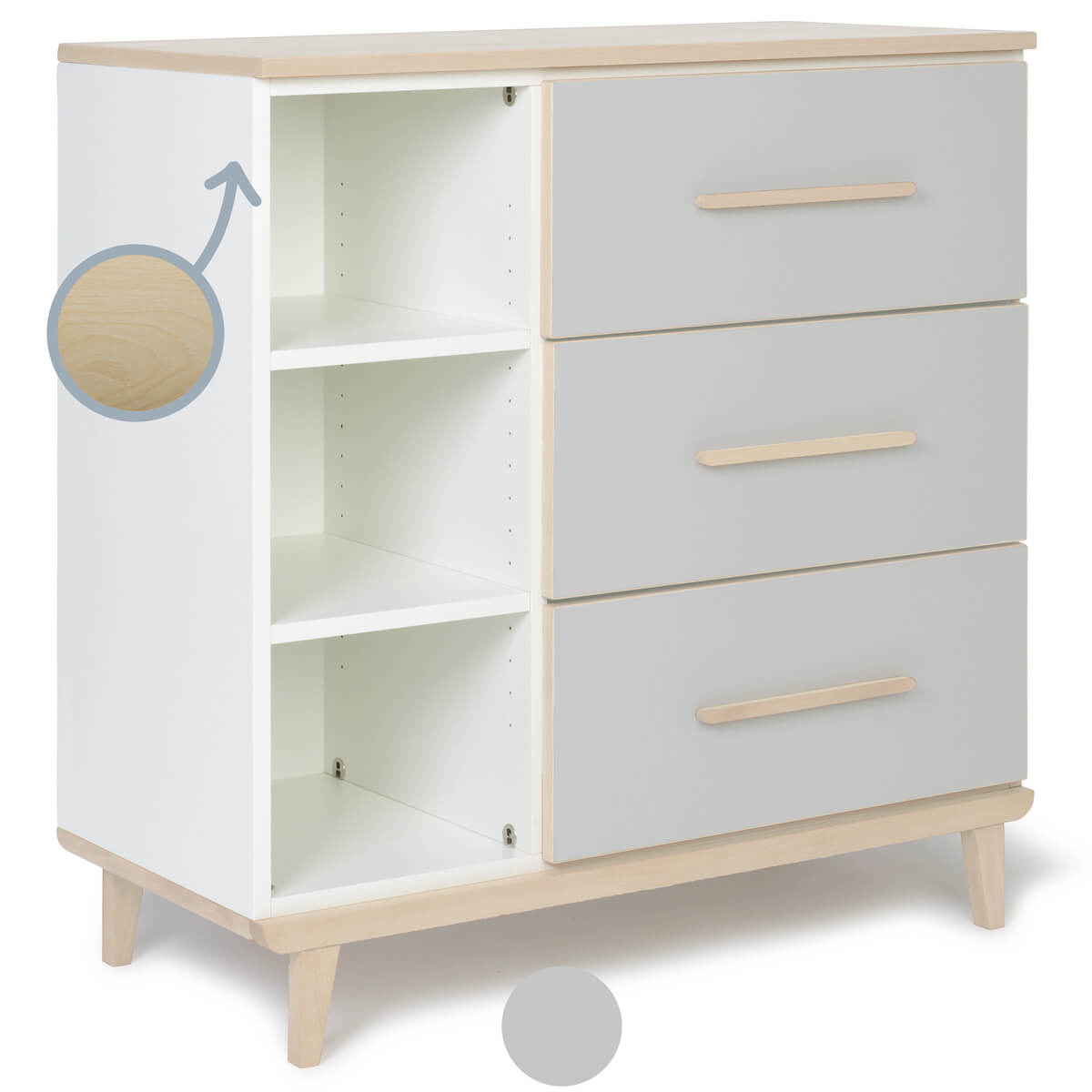 Commode 3 tiroirs 3 niches NADO Retro finition frêne manhattan grey